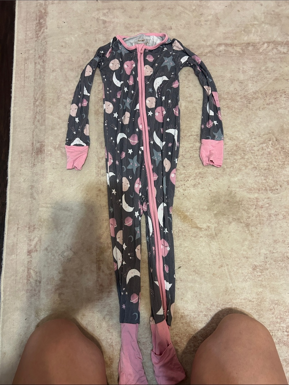 Little Sleepies Gray Footed Pajamas with Pink Trim and Moon Print